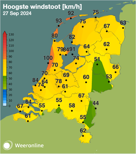 Hoogste windstoten tot 10:20 uur. 