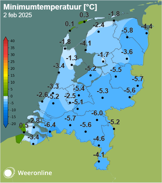 Laagste temperaturen 2 februari 2025