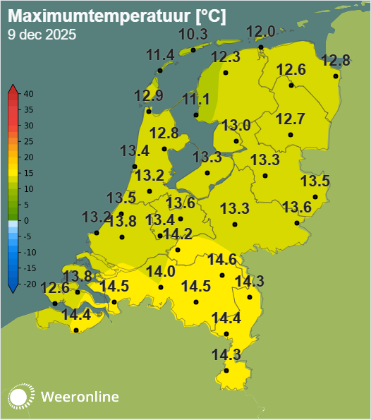 De maximumtemperaturen van 9 december 2025