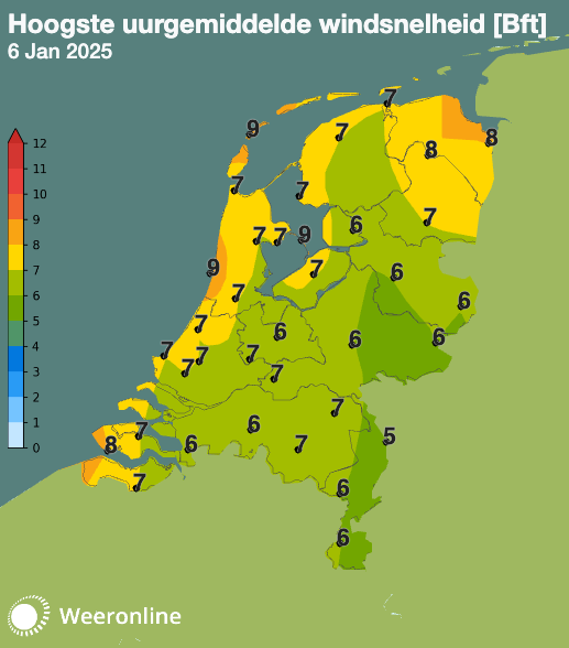 In IJmuiden, op Vlieland en op de Houtribdijk (Enkhuizen-Lelystad) werd een uurgemiddelde windkracht 9 genoteerd.