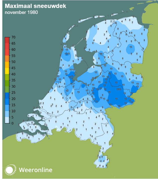 In een brede strook over het land viel een flink pakket sneeuw. Metingen van 15 cm en meer hadden als cijfer 15. De meeste sneeuw viel echter in Gelderland met 20-25 cm.