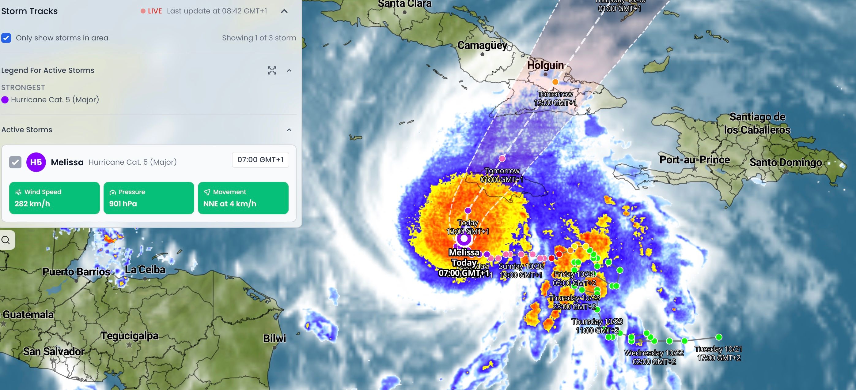 Melissa dinsdagochtend en verwachting via I'm Weather.