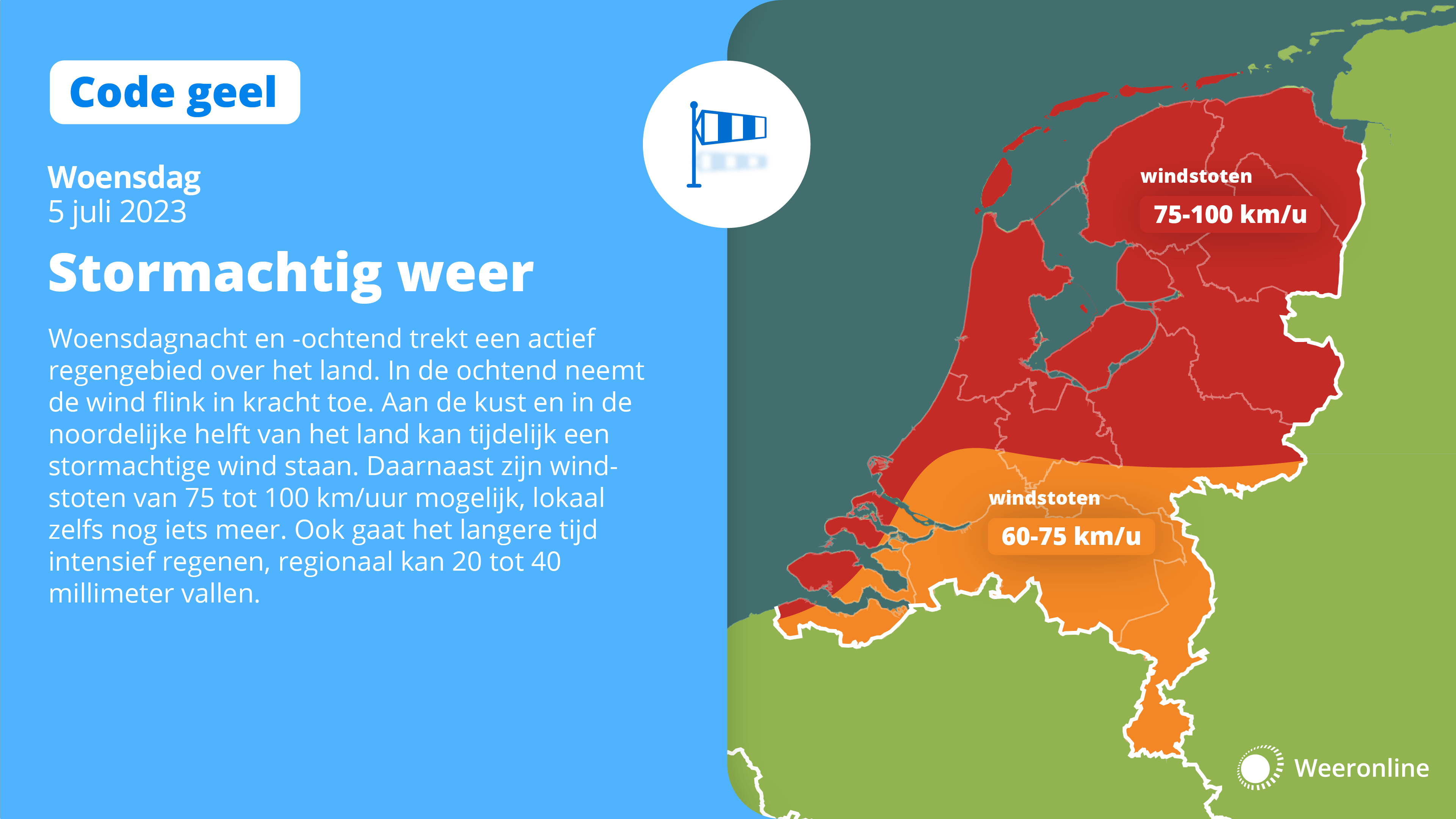 Woensdagochtend kans op zware windstoten. 