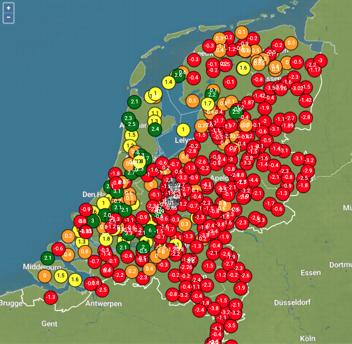 Wegdektemperaturen 15 december 16:45 uur