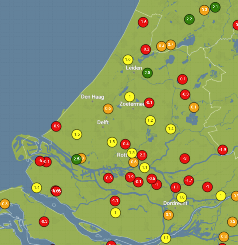 Wegdektemperaturen regio Rotterdam om 18:40 uur