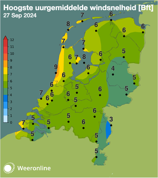 Stormkracht 9 in IJmuiden op 27 september, meting tot 10:20 uur. 