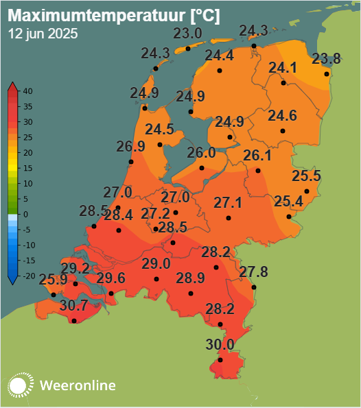 Maximumtemperatuur 12 juni 2025