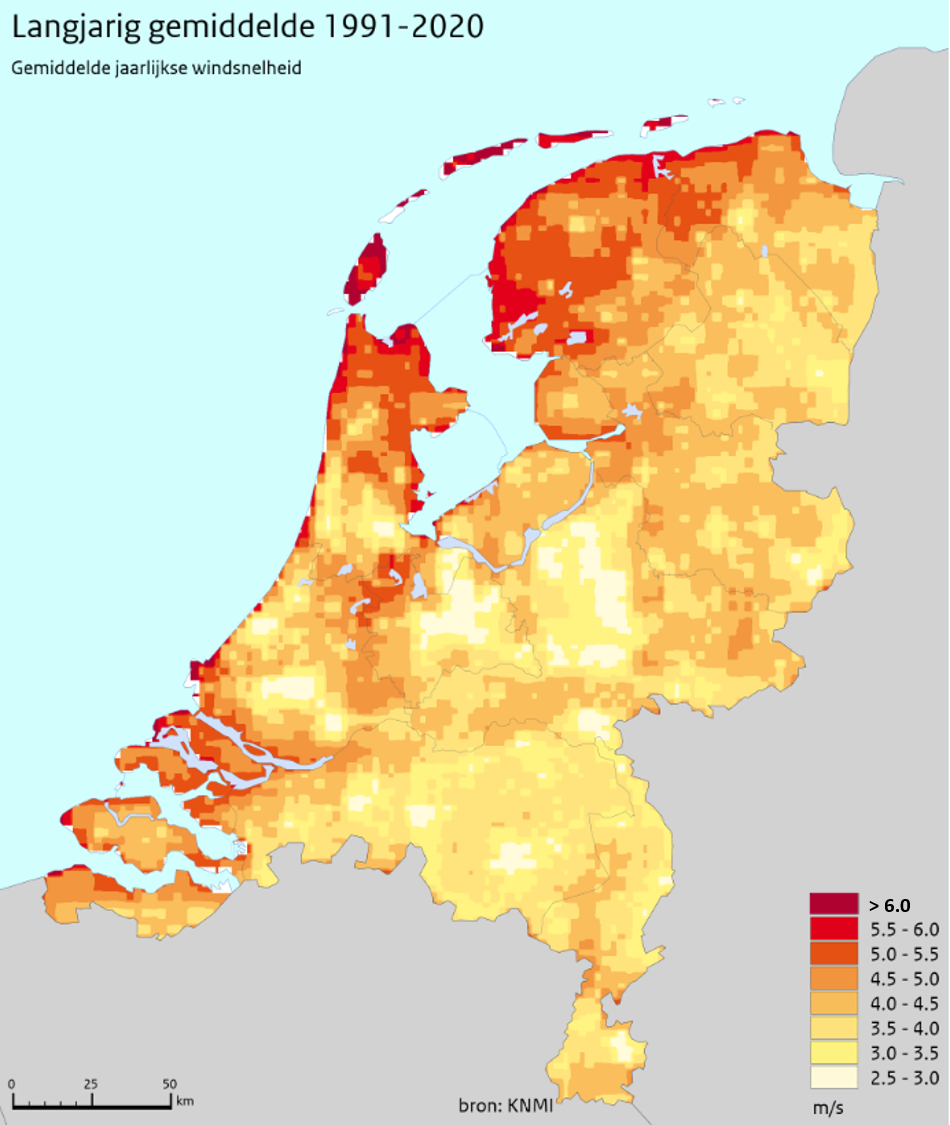 De gemiddelde jaarlijkse windsnelheid in de periode 1991 tot 2020. Vooral aan de kust waait het vaak hard (rode kleur) en landinwaarts is de windsnelheid lager. Bron: Klimaatatlas KNMI