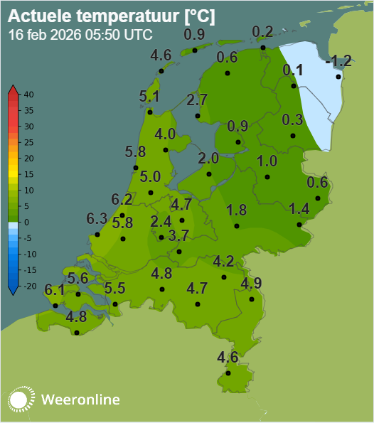 De temperaturen maandagochtend 16 februari om 6:50 uur.