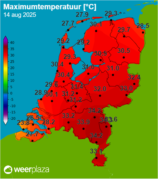 De maximumtemperaturen van 14 augustus 2025