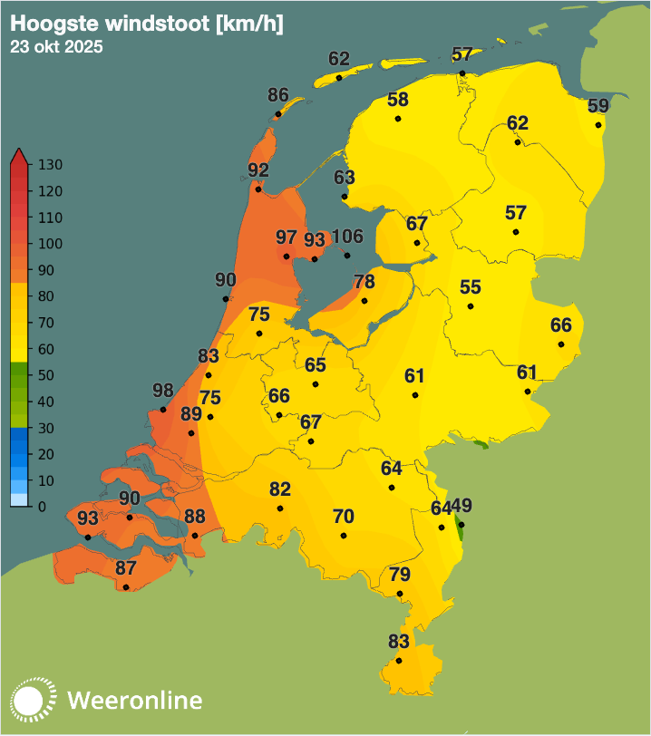 Maximale windstoten tot nu toe.