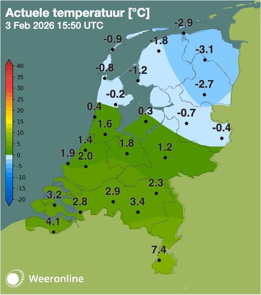 Temperatuur om 16:50 uur. Daar waar het vriest is kans op lokale ijzel en later op grootschalige ijzel.