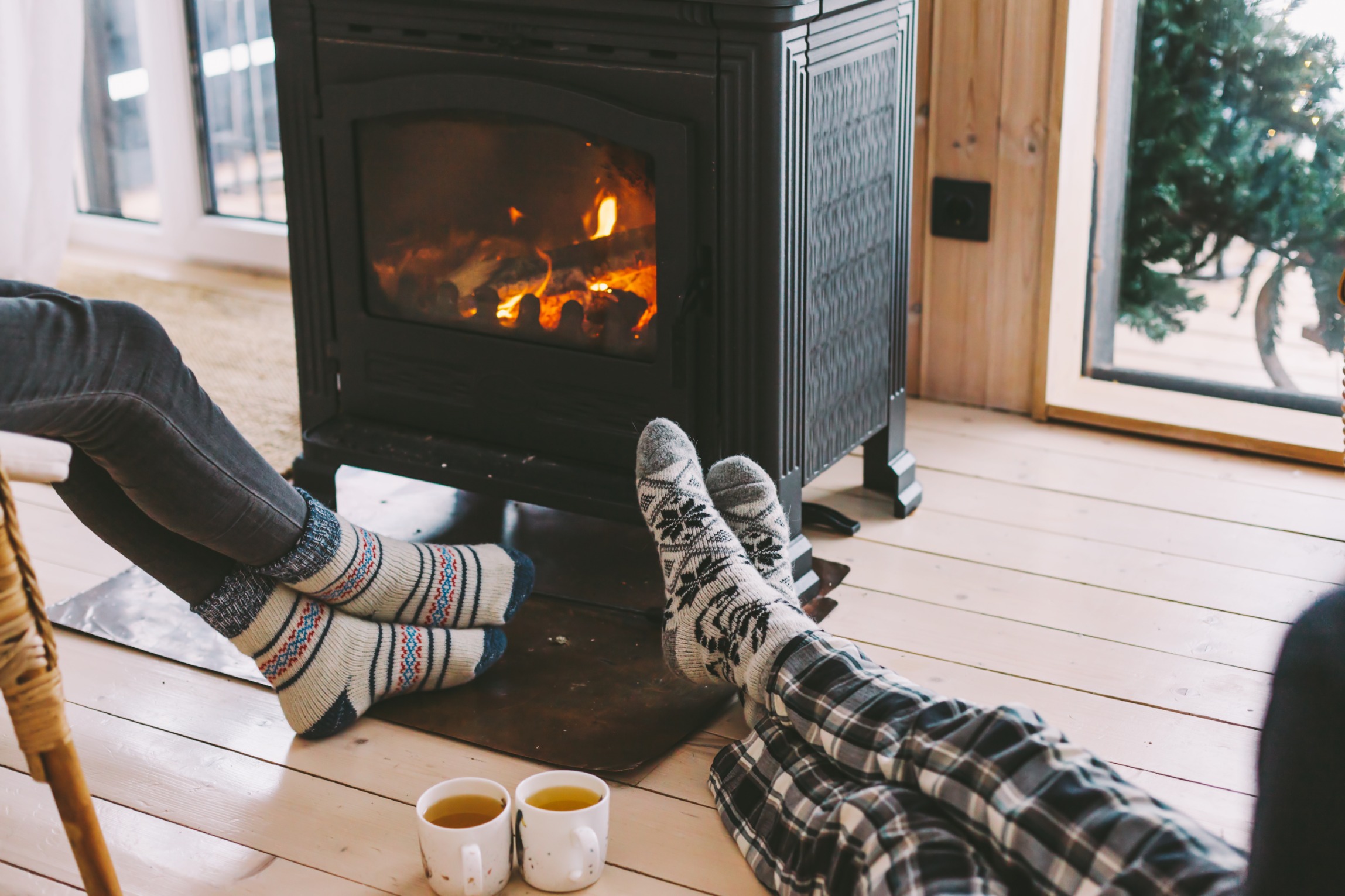 winter scene with a wood stove