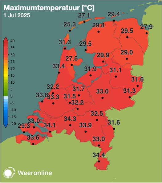 De voorlopige maximumtemperaturen rond lunchtijd.