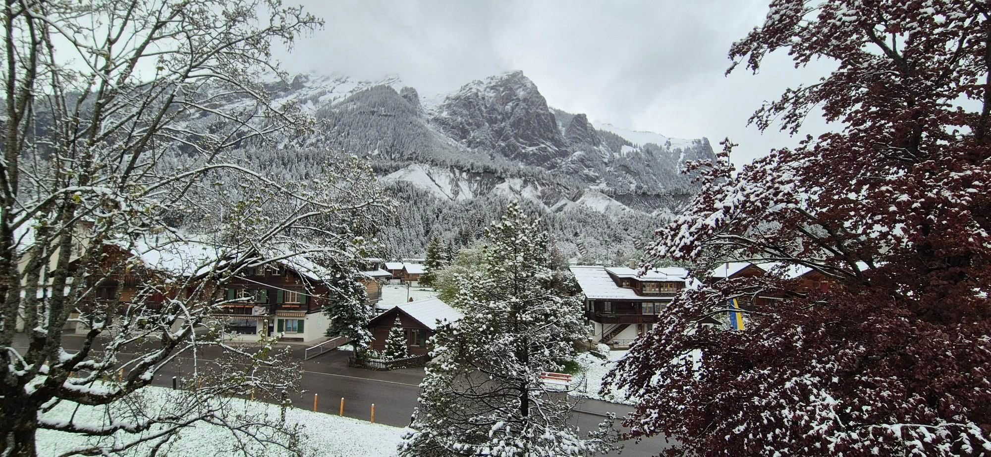 In het Zwitserse Kandersteg was het deze dinsdagcohtend al wit (foto: Gabriel Bloemhof)