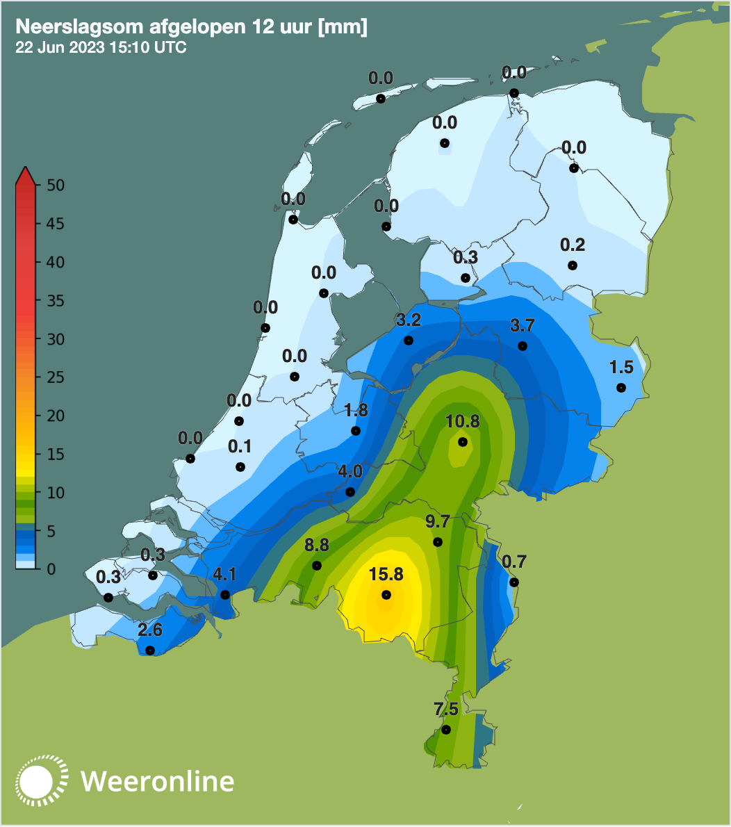 Neerslagsommen afgelopen 12 uur