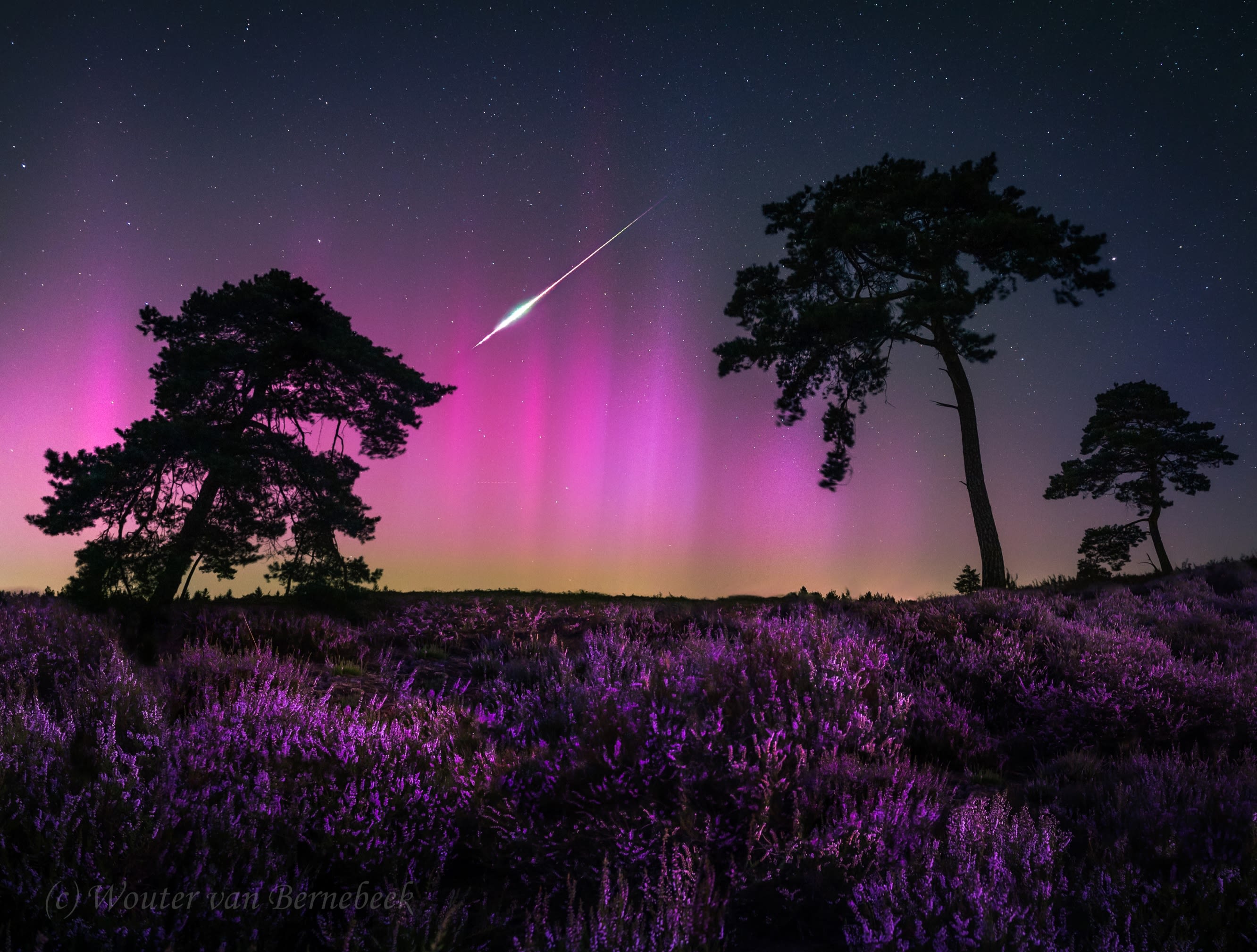 Een unieke combinatie: noorderlicht en een vallende ster. Foto: Wouter van Bernebeek