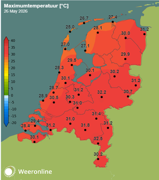 Maximumtemperatuur op 26 mei 2026