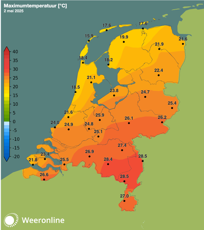 Maximumtemperatuur 2 mei 2025.