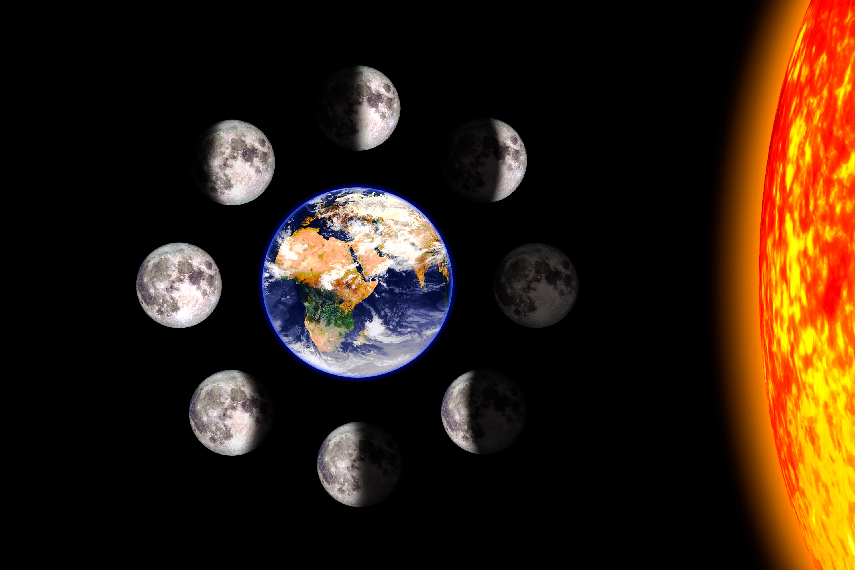 De maanfasen van volle maan tot nieuwe maan en weer terug. Foto: Adobe Stock / Matthieu. 