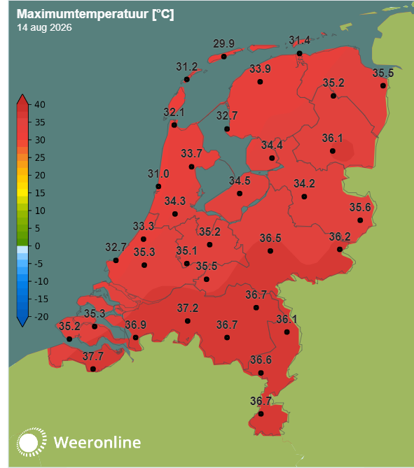 Maximumtemperatuur 14 augustus 2026