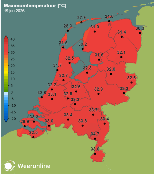 Bijna overal tropisch warm op 19 juni 2026
