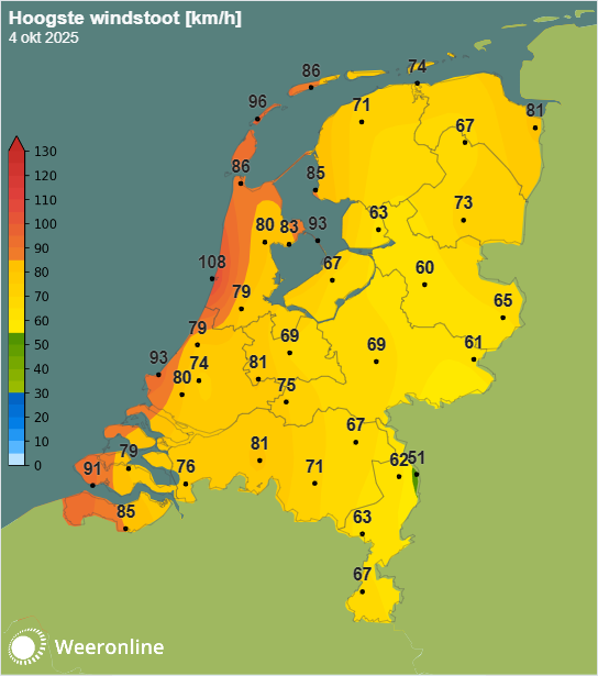 De hoogste windstoten tot dusver op 4 oktober 2025. 
