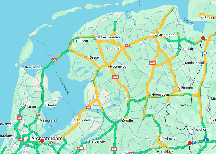 Vertraging in het noorden van het land door sneeuwval. Bron: Google Maps.