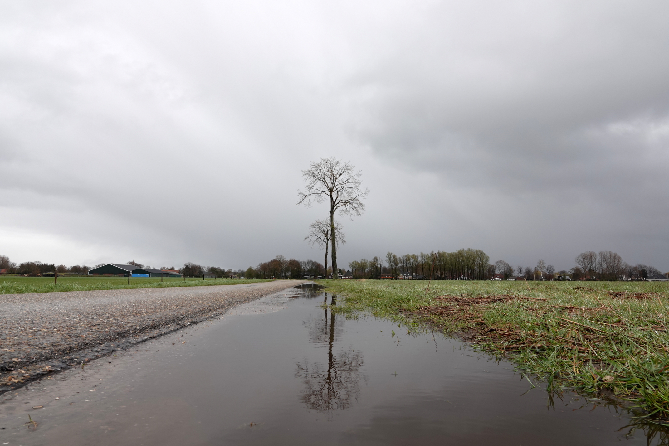 Regen zorgt voor plassen langs de kant van de weg