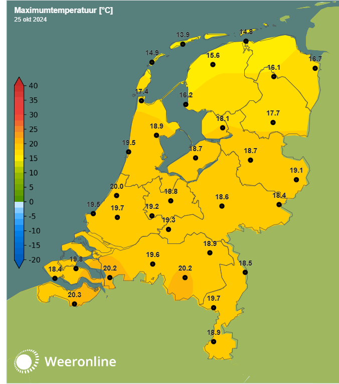 Maximumtemperatuur vrijdag 25 oktober 2024