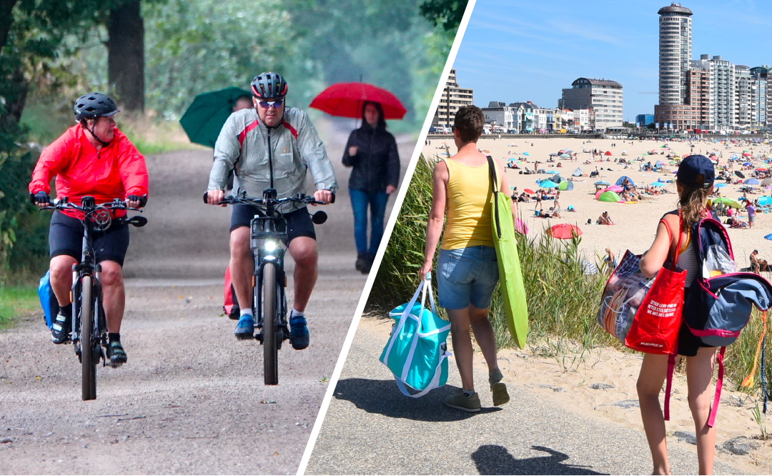 Vaak buien of veel strandweer in de zomer? Foto's: Ben Saanen (links) en Anne-Marie van Iersel (rechts)