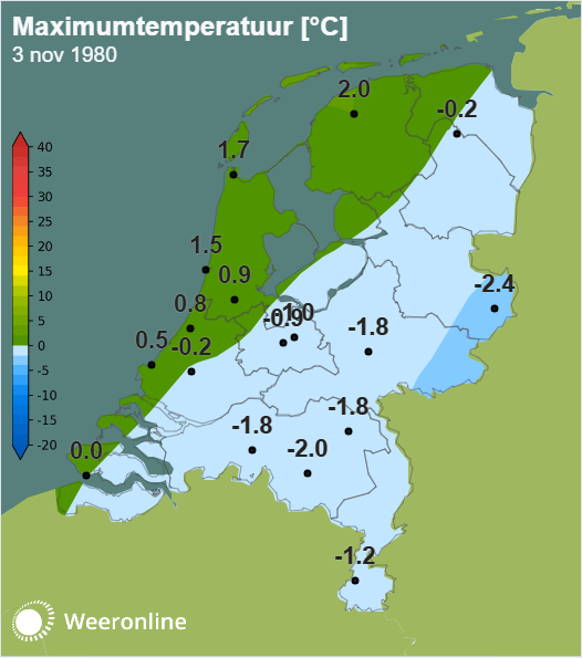 De maximumtemperatuur op maandag 3 november 1980.