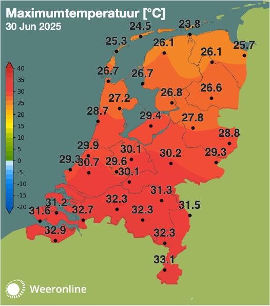 Maximumtemperatuur 30 juni 2025