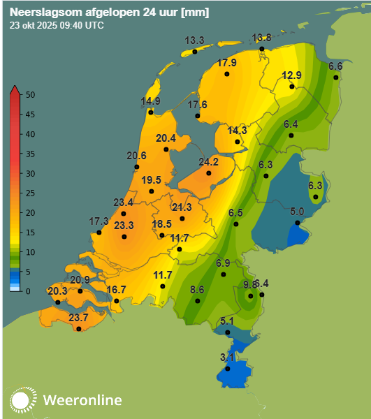 De neerslagsom over de afgelopen 24 uur.