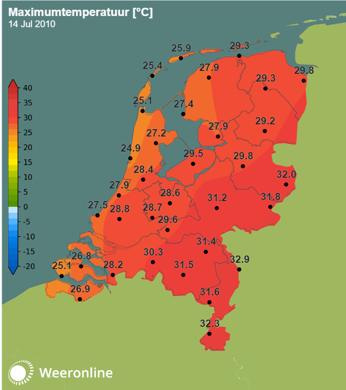 Maximum temperatuur 14 juli 2010