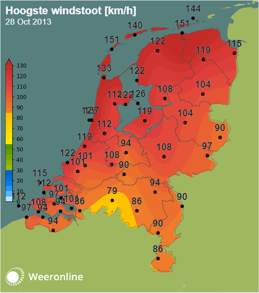 De hoogste windstoten gemeten op 20 oktober 2013. 