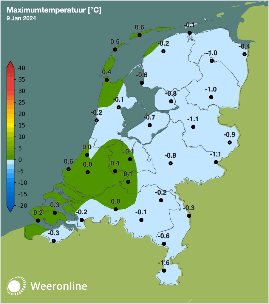De maximumtemperatuur van 9 januari 2024 met in De Bilt net geen eerste officiële ijsdag van deze winter. 