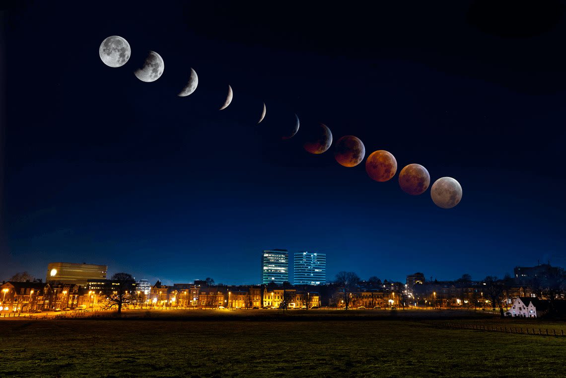 De bloedmaan uit januari 2019 boven Arnhem in fases. Foto: Jeroen Diks

