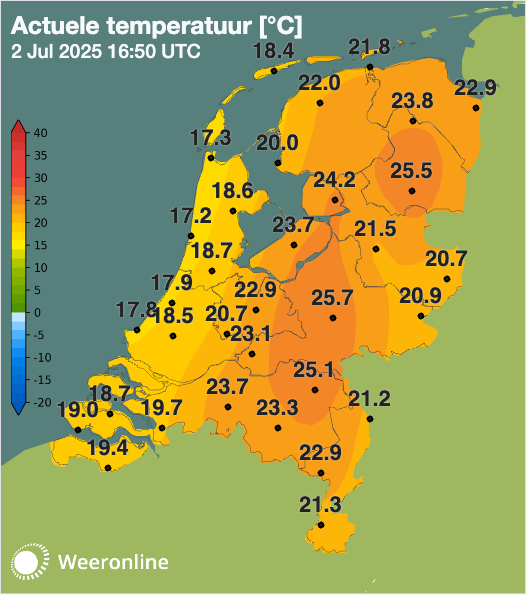 De temperatuur om 18:50 uur. Wat een verschil met enkele uren geleden.