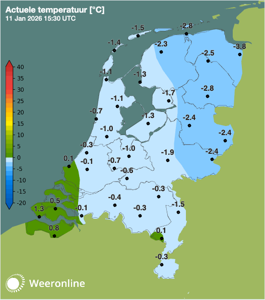 Temperatuur in Nederland om 16:30 uur op 11 januari 2026.