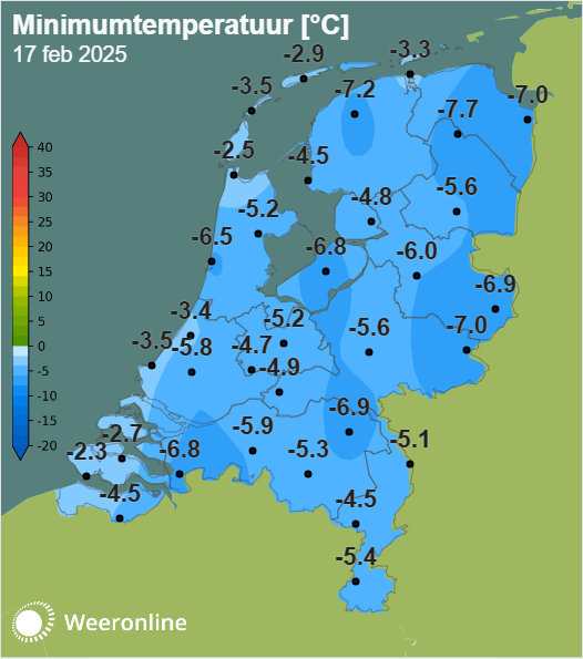 Minimumtemperatuur 17 februari 2025