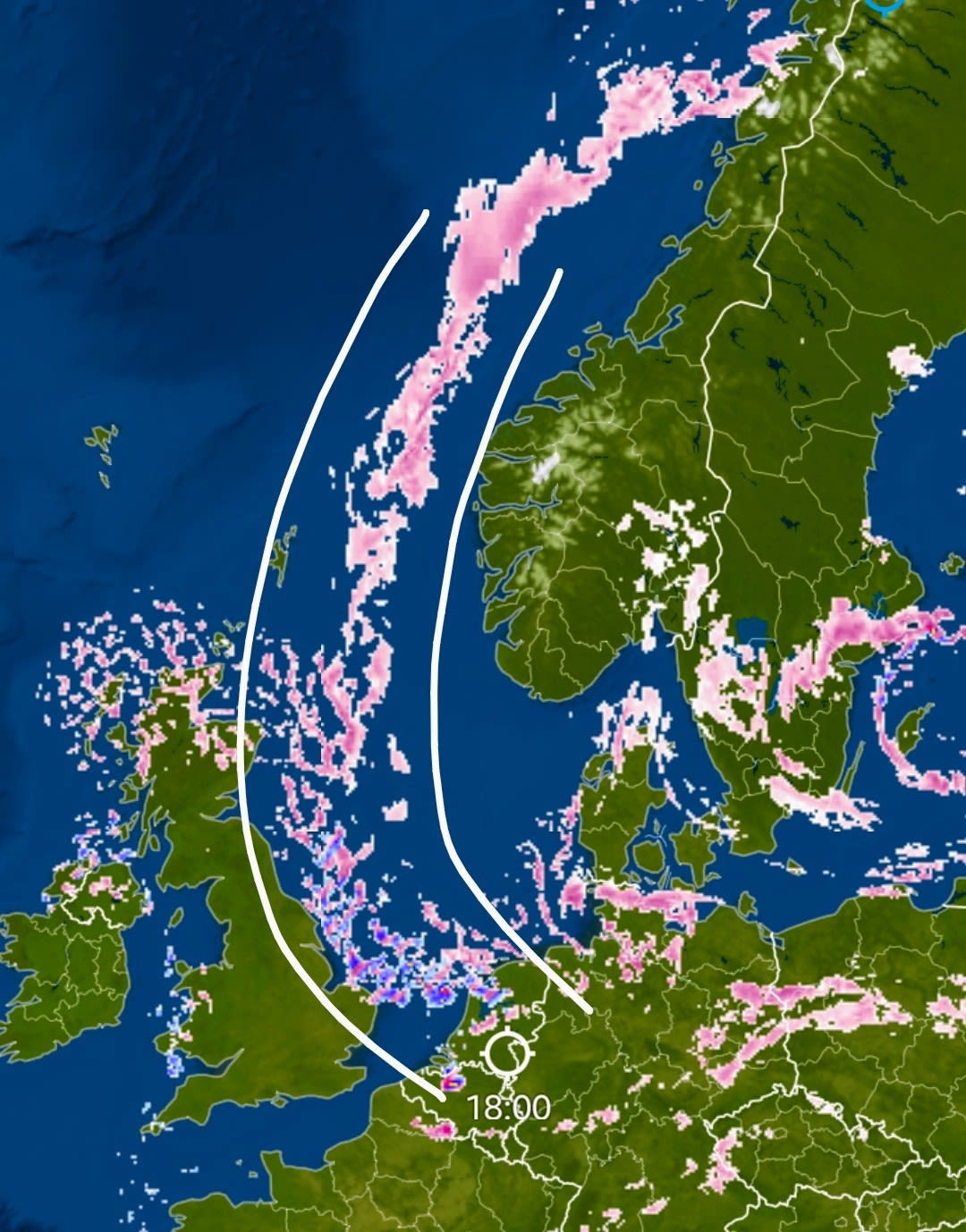 Trein van sneeuwbuien richting Nederland