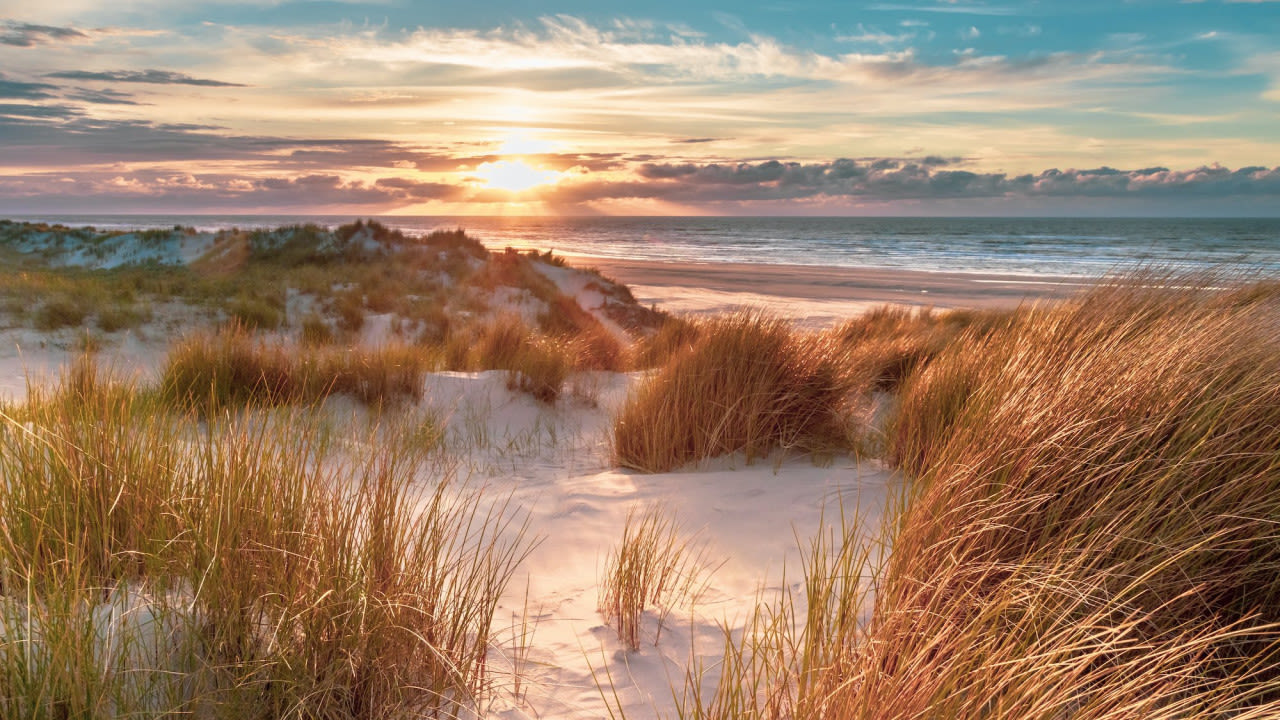 Duinen en strand in Nederland bij prachtige zonsondergang. Foto: Adobe Stock / creativenature.nl