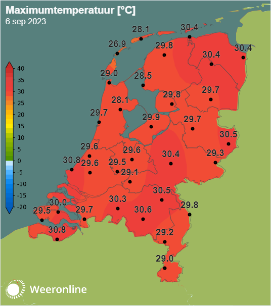 De maximumtemperaturen van 6 september 2023