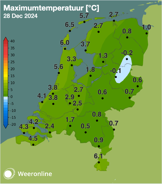 Maximumtemperatuur op zaterdag 28 december 2024