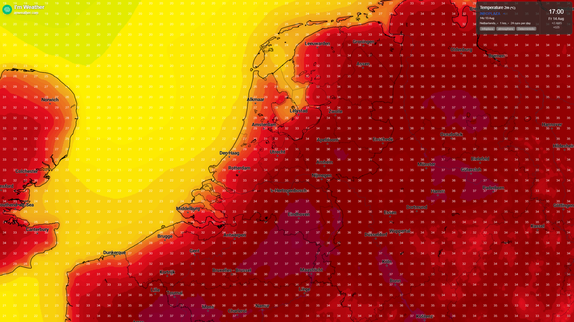 Morgenmiddag wordt het bijna in het hele land zinderend heet. Bron: Imweather