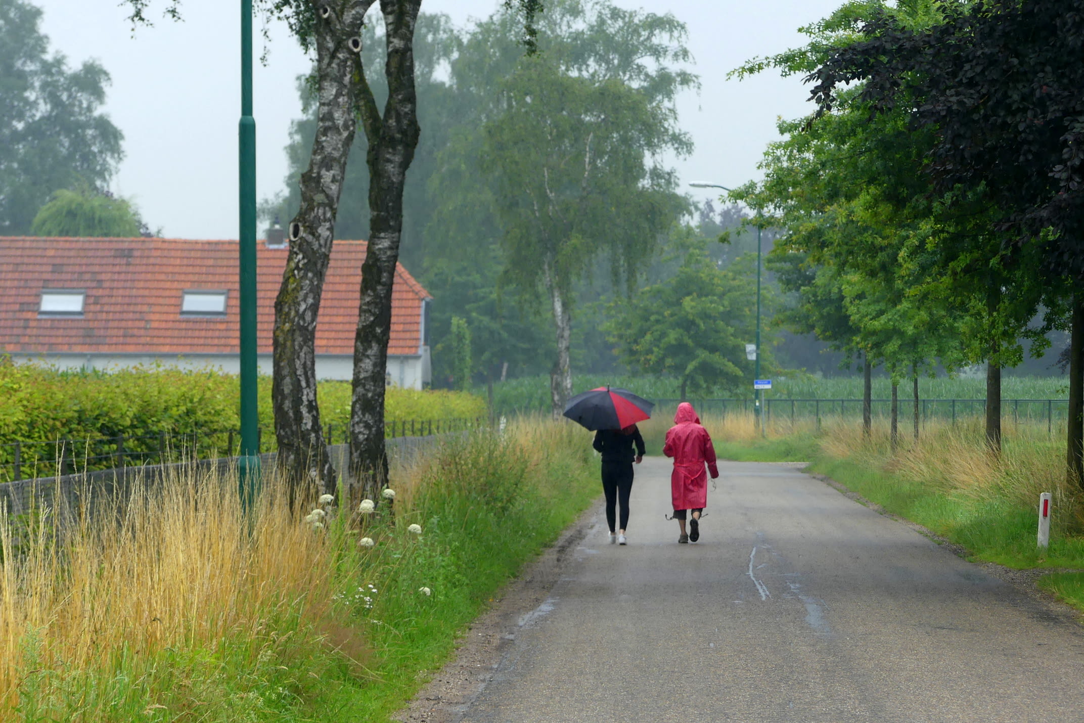 Regenachtig zomerweer mensen met paraplu en regenjas in Nederland