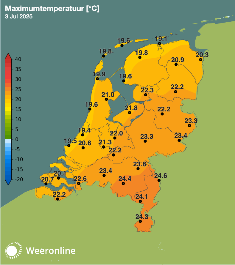 Maximumtemperatuur 3 juli 2025