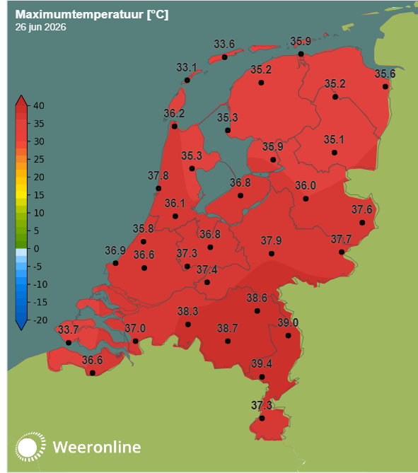 De maximumtemperatuur gemeten op 33 station op 26 juni 2026.