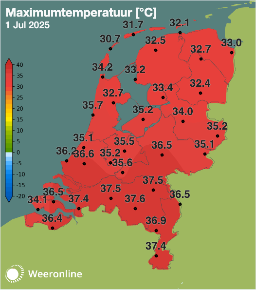 Maximumtemperatuur 1 juli 2025.